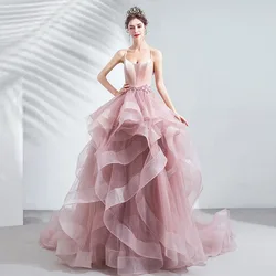 2024 New Pink Long Lady Girl Women Princess Prom Dress Performance Banquet Party Ball Dress Gown Polyester Long Evening Dress