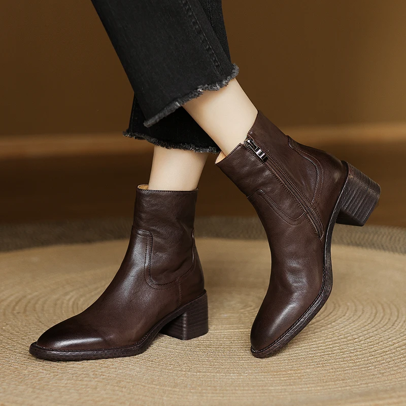 

pring Autumn Woman Vintage Boots Thick Heeled Side Zippers Cowhide Handmade Shoes Retro Ankle Boots Square Heel Short Boots S