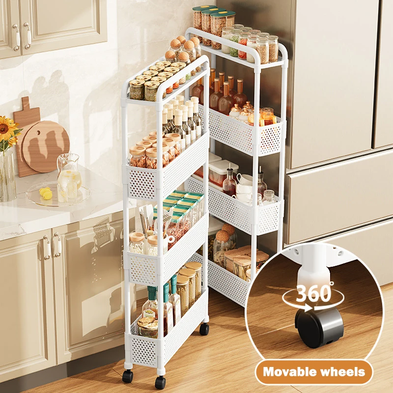 Mobile Shelf with Wheels Narrow Gap Trolley Multi-Layers Storage Rack Kitchen Bathroom 2/3/4 Tiers  Storage Trolley Rolling Cart