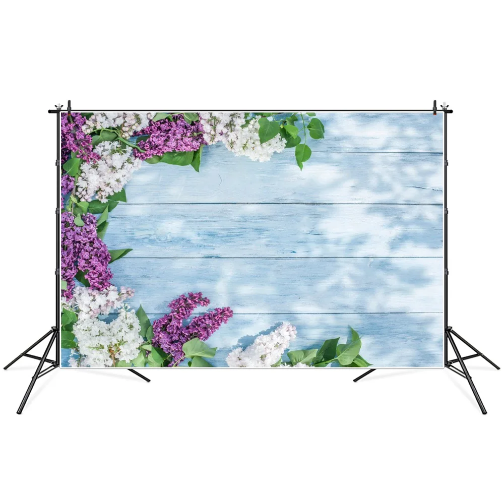Tablón de madera azul Jacinto flores primavera fotografía telones de fondo Banner personalizado sombra de luz blanco púrpura FONDO DE foto Floral