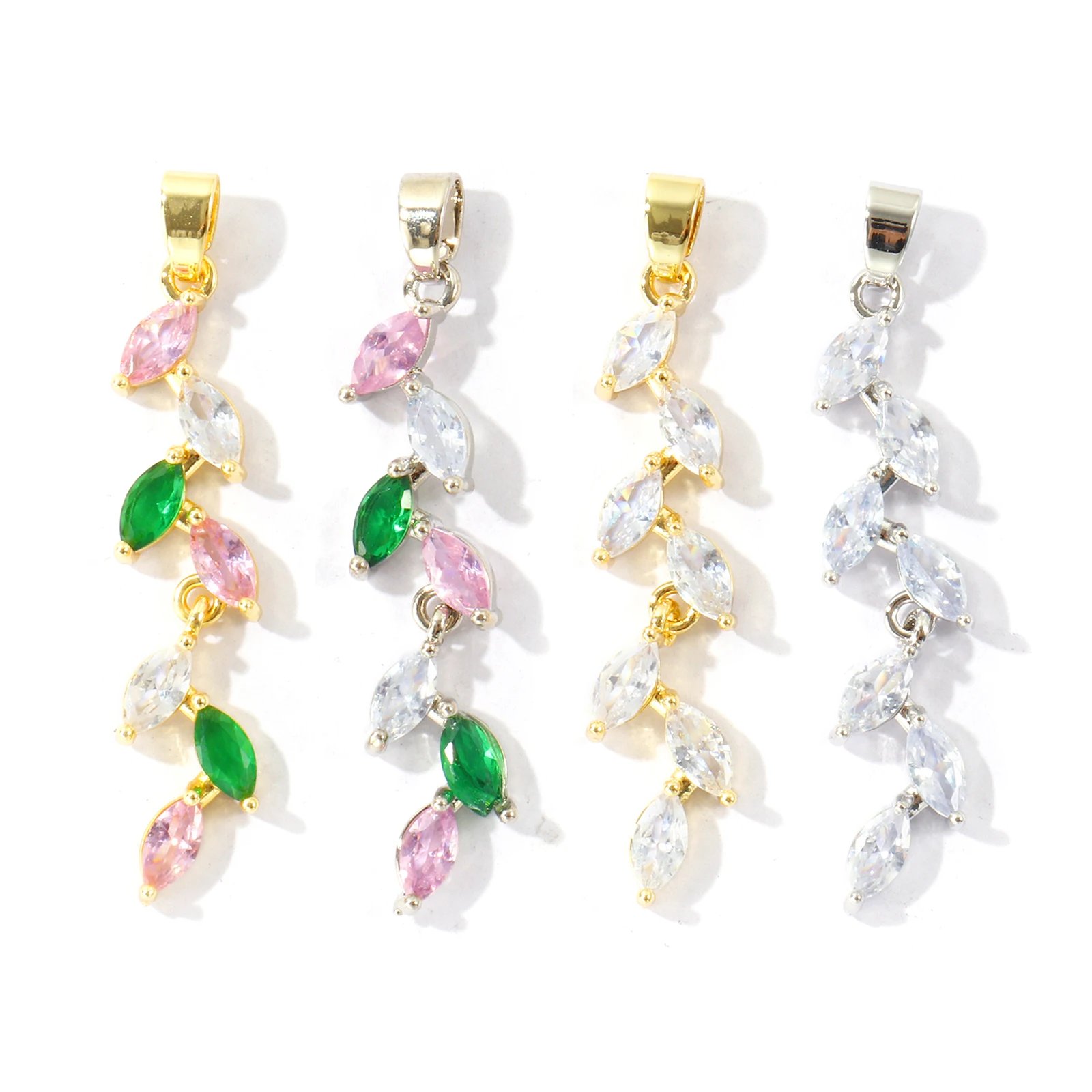 2 PCs Brass & Cubic Zirconia Pendants Leaf Multicolor Charms For DIY Necklace Earrings Jewelry Making  4.8cm x 0.9cm Wholesale