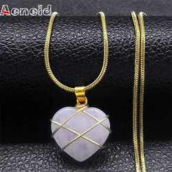 Vintage Pink Heart Crystal Necklace Women Stainless Steel Snake Chain Natural Quartz Stone Pendant Choker Necklaces Jewelry NP80