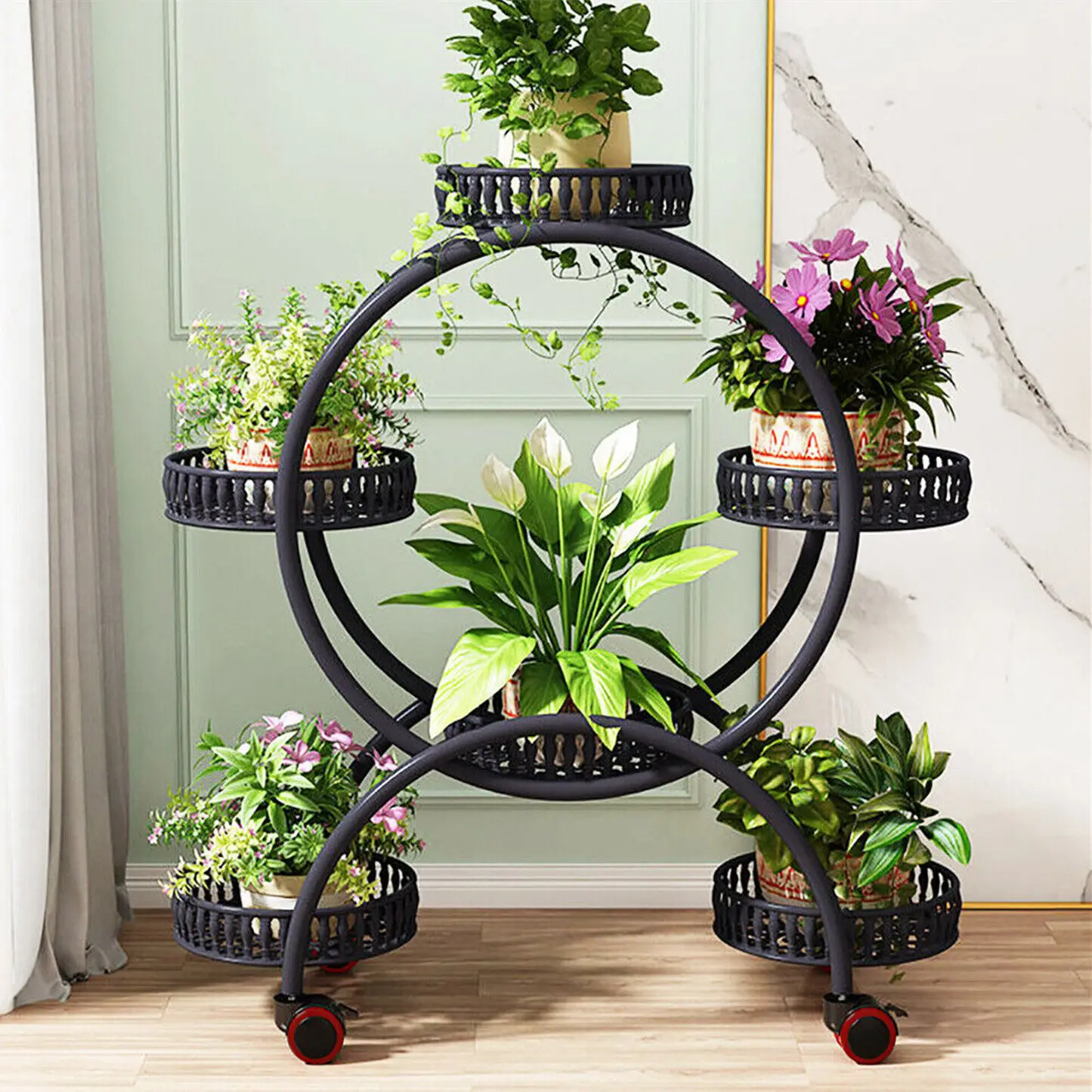 qp-4 Layer 6 Pots Flower Holder Plant Stand Shelf 4-Wheel Free Moving Dispaly Shelf Rack Balcony-