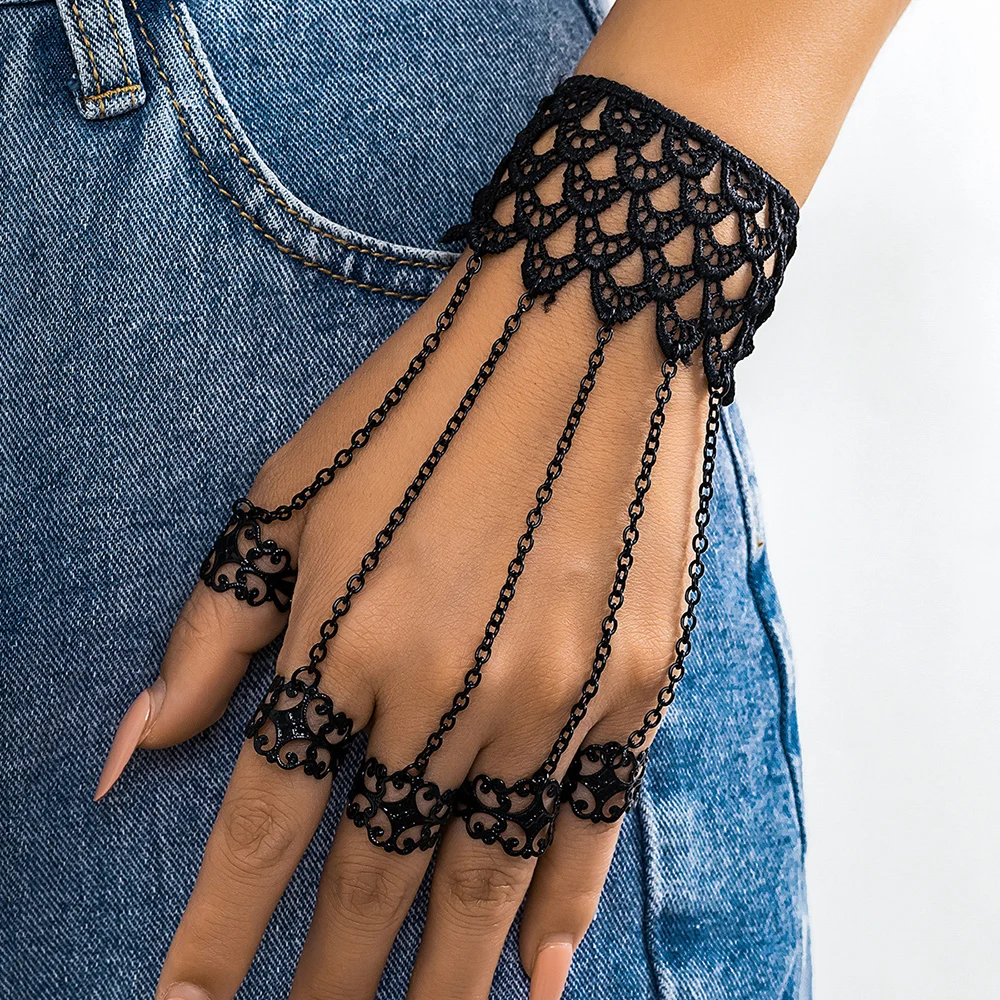 Vintage Gothic Black Chain Rings Link Bracelets For Women Punk Hiphop Hollow Butterfly Square Lace Bracelet Female Party Jewelry