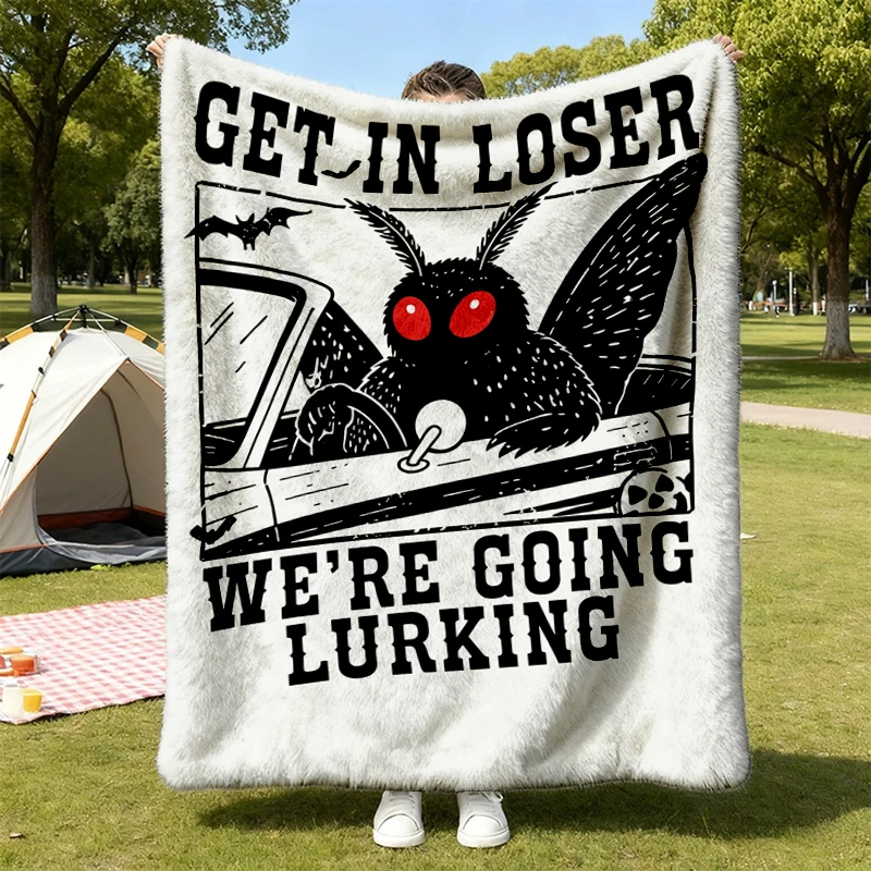 Vintage Mothman Flannel Blanket, Get in Loser Lurking, Cryptid Meme Flannel Throw, Cute Moth Graphic Cozy Blanket
