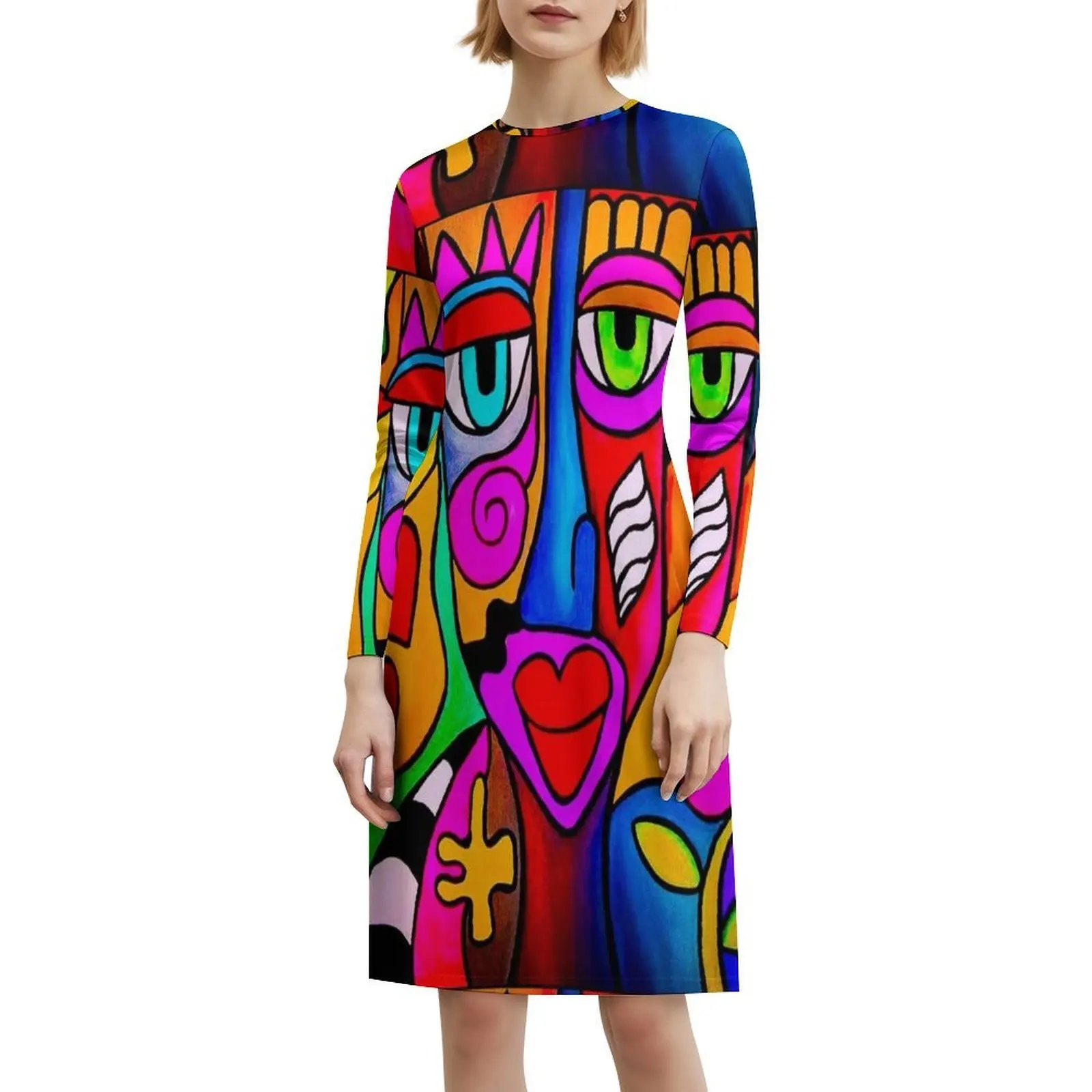 Sukienka w stylu koreańskim Funky Face dla kobiet, prosta, codzienna, do biura, jaskrawe, kolorowe, zabawne wzory kwiatowe i serca, funky, kobieca.