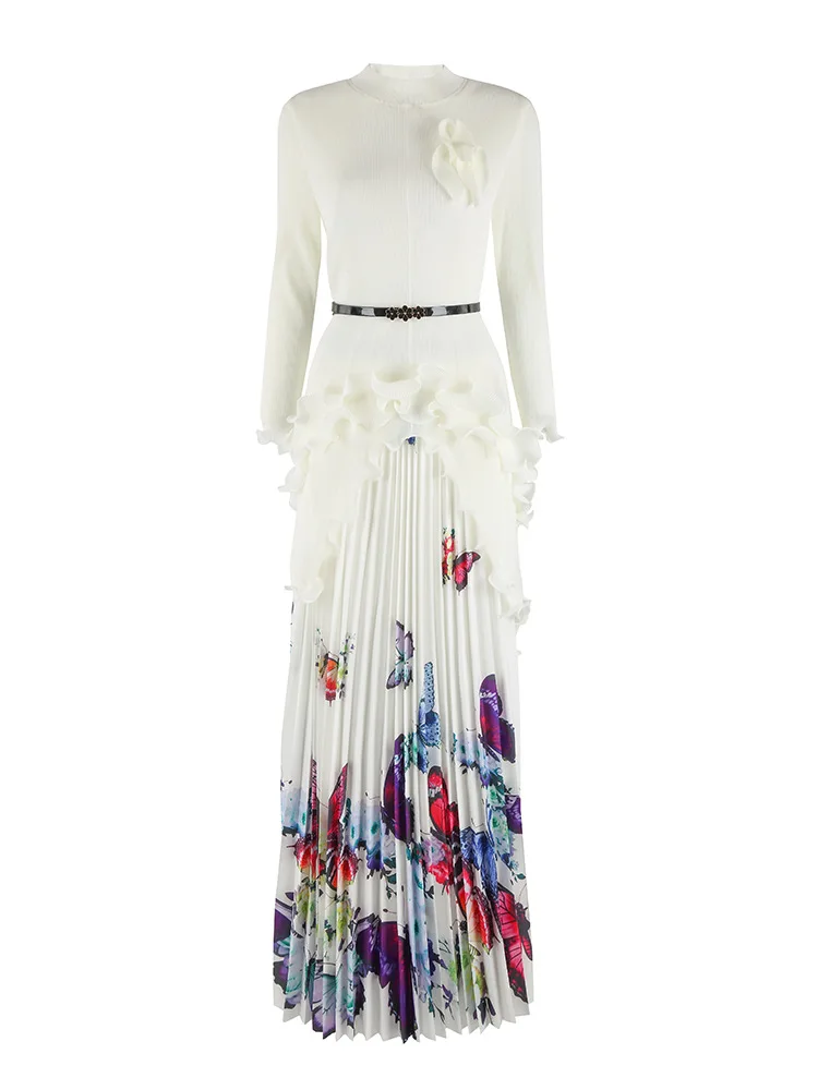 Miyake pleated premium round neck irregular pullover top set women's butterfly print floor mopping long skirt two-piece set