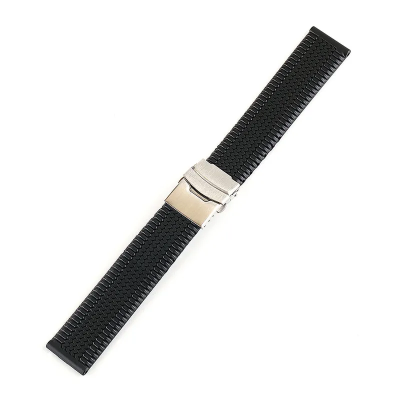 20mm 22mm 24mm Black Silicone Sport Strap Folding Buckle with safety Waterproof Rubber Men Replacement Band Watch Accessories