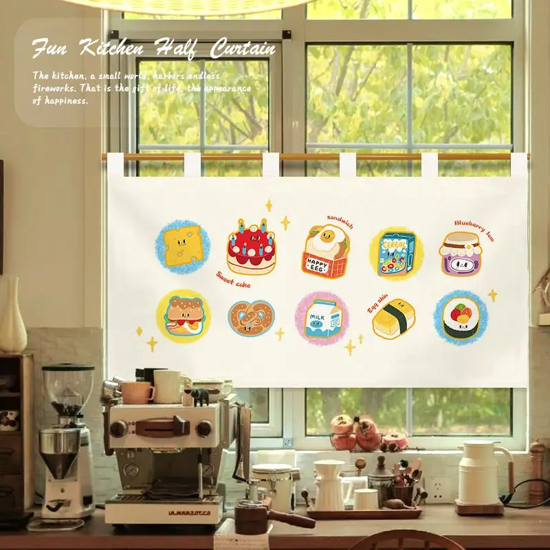 VIKAMA Cartoon Food Kitchen Window Valance Cake Sandwich Milk Printed Rod Pocket Short Curtain Holiday Window Home Decor