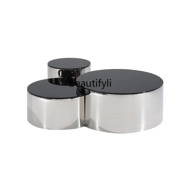 

Italian minimalist stainless steel round coffee table living room tempered glass light luxury high-end designer