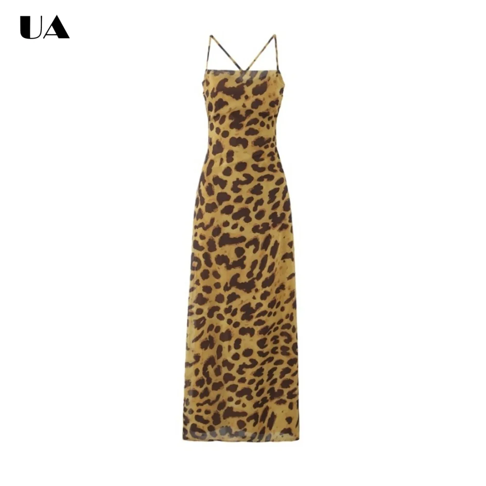 

Fashionable Leopard Spaghetti Strap Midi Dress, Sexy Backless Lace-up Long Dress for Woman, Trendy Sleeveless Zipped Party Dress