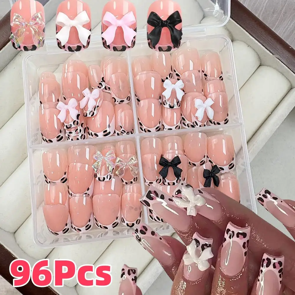24/96Pcs Leopard Bowkot French Fake Nails Short Square with 3D Ribbon Handmade Press On Nails Y2K Girl Leopard Print False Nail