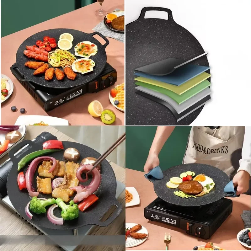 Korean Baking Pan Round Barbecue Pan with Non-stick Coating Suitable for Indoor or Outdoor Induction Grilling