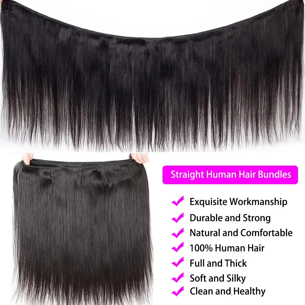 Extensiones de cabello humano liso 12A, cabello humano liso 100%, cabello tejido virgen brasileño sin procesar, 3 4 mechones, cabello negro Natural