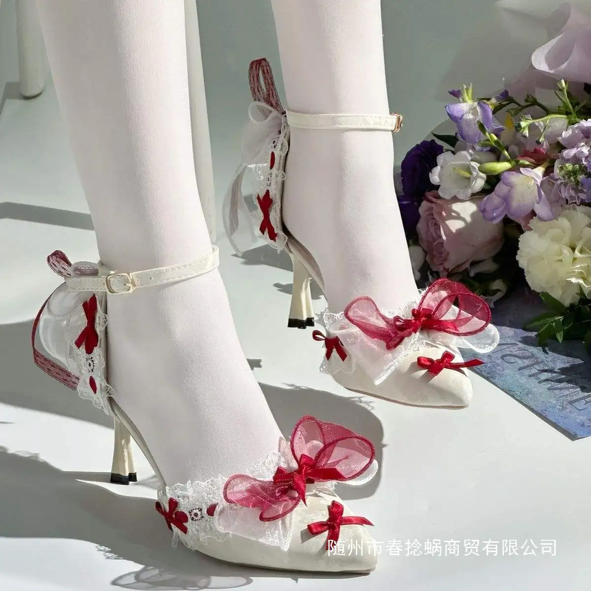 Wine Red Bridal Lolita High Heels - Lace Bow Pointed Toe Ankle Strap Pumps 4/6/8cm Heel Wedding Party Shoes For Women