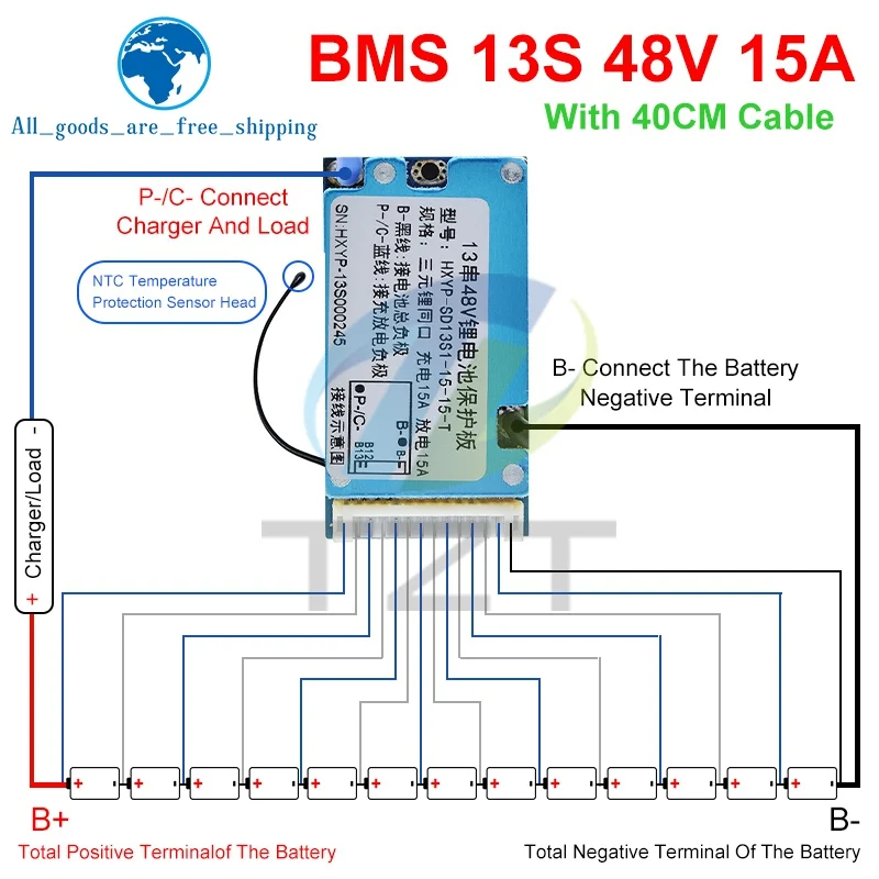 TZT BMS 13S 48V 15A Lmo Ternary Li-ion Lithium 18650 Battery Charge Protection Board With Heat Sink Common Temperature Control