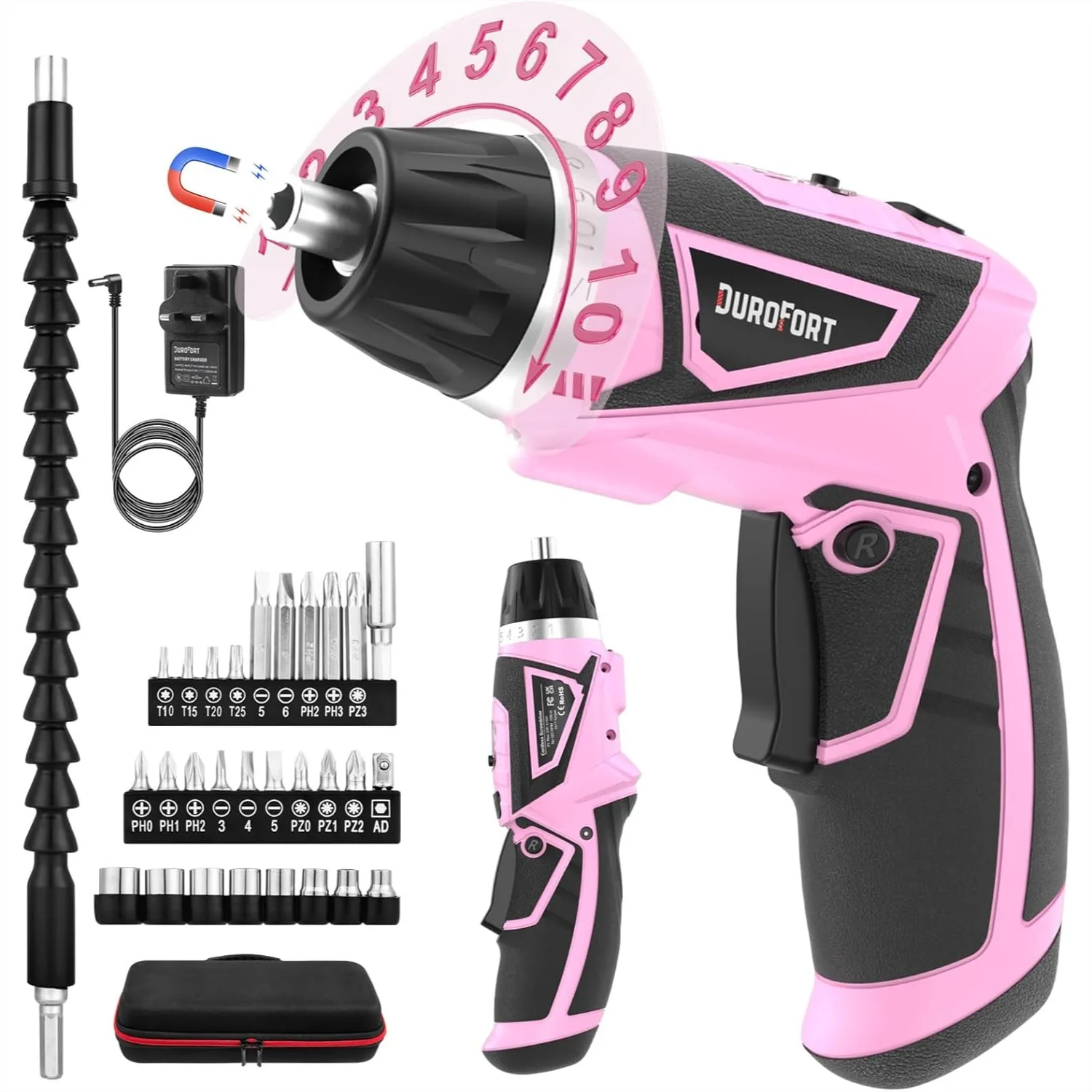 

Cordless Electric Screwdriver Set, 8V 10Nm Rechargeable Power Drill, 320RPM 10+1 Torque, 2 Position Handle Flexible Shaft LED