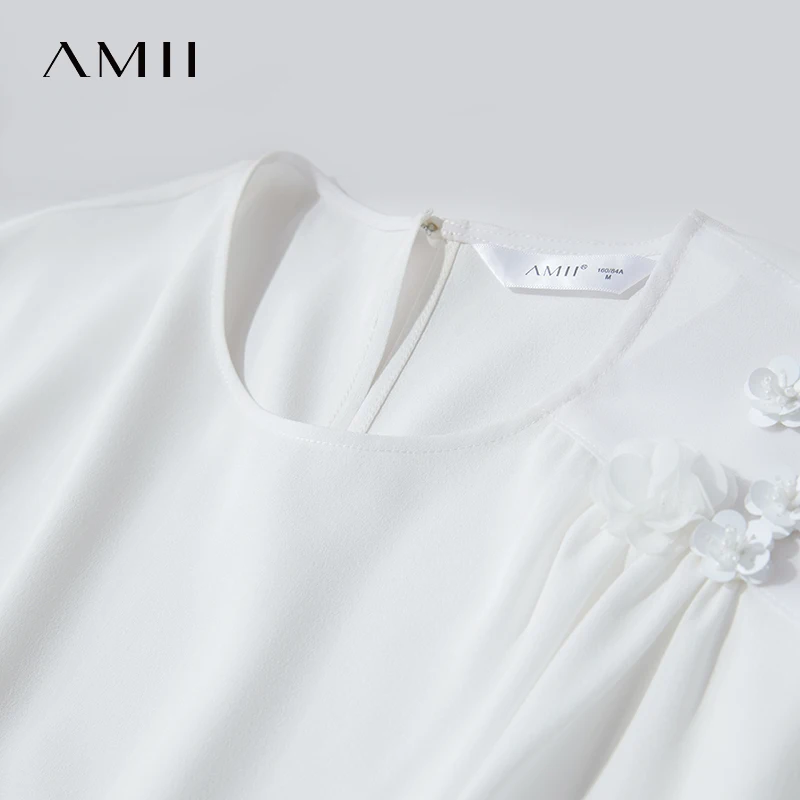 Amii Minimalist Chiffon Blouse for Women Summer New Solid Color O-Neck Elegant Tops Loose Short Sleeves Flower Blouse 12512026