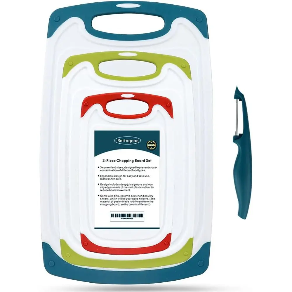Non-Slip Plastic Chopping Board Set of 4 with Deep Juice Groove and Easy Grip Handles, Dishwasher Safe