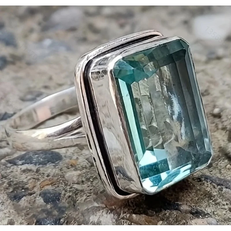 Fashionable Blue Square Cubic Zirconia Imitation Crystal Ring Suitable For women's Luxury Jewelry Cocktail Party Wholesale