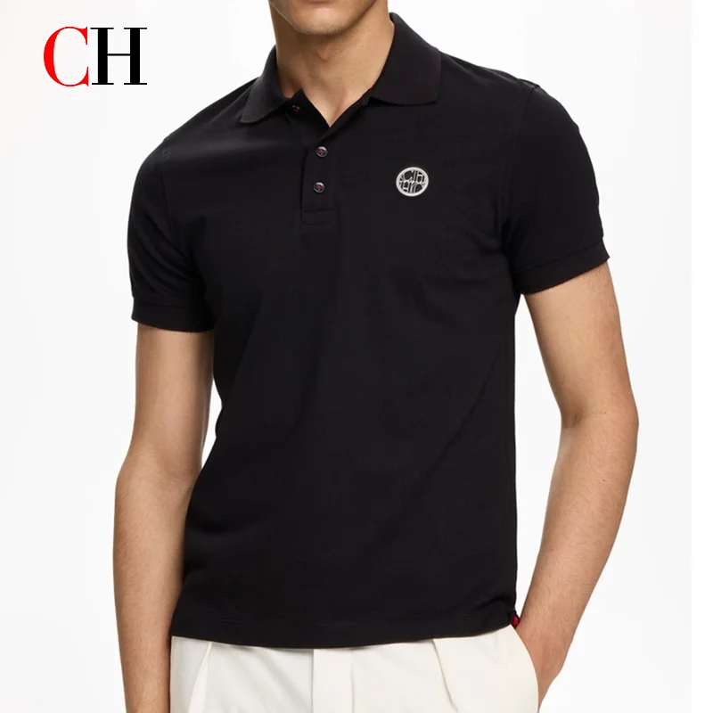 CH Circular Badge Left Chest Premium Pique Short Sleeve Polo Shirt Men Timeless All Match Casual Daily Tops
