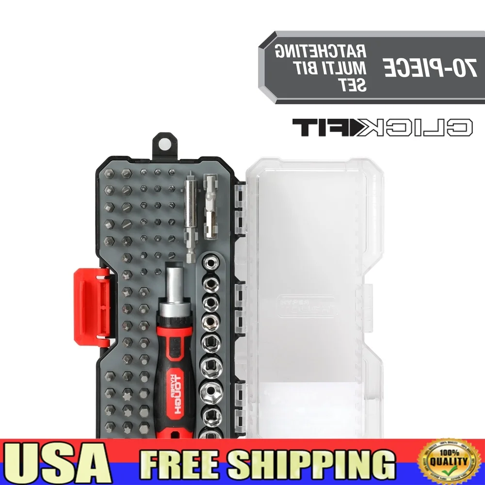 

70 Piece Socket Bit Set with Click Fit Case Ratcheting Screwdriver Magnetic Holder Precision Bits Automotive Home Repair