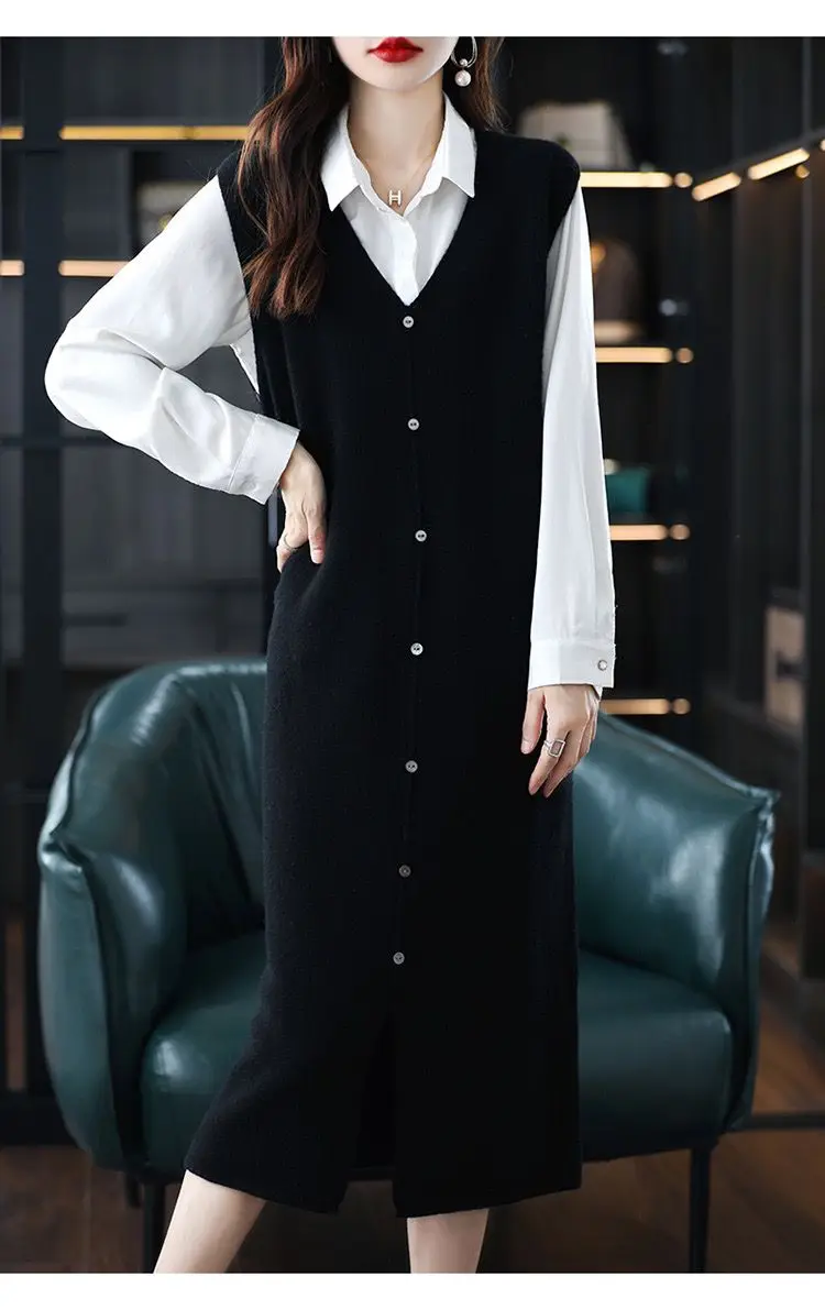 Long, Medium to Long Sleeveless Knitted Knee Length Vest Skirt Autumn Winter V-neck Solid Dress Stylish Sweater and Camisole