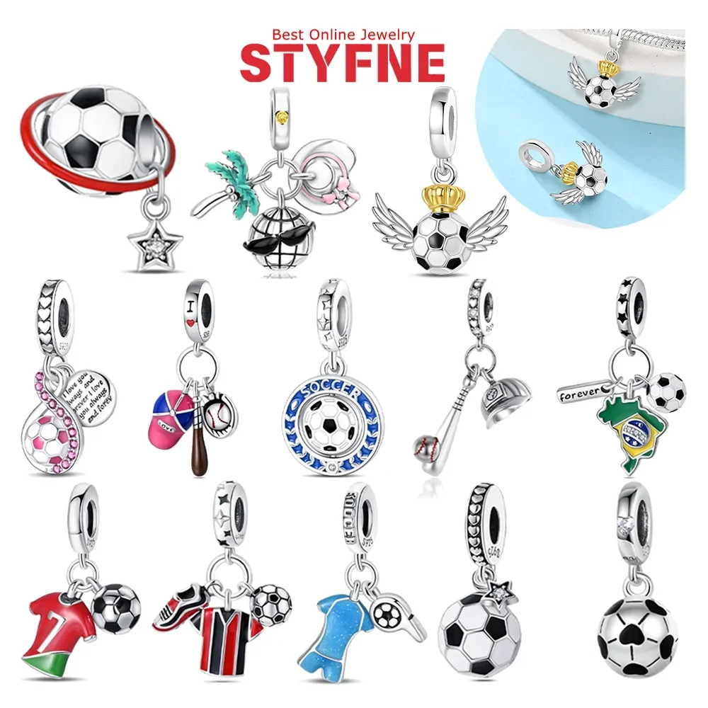 925 Sterling Silver Surrounded Soccer Charms Beads Fit Original Bracelets Bag Keychain Charm Bead Pendant Diy Women Jewelry Gift
