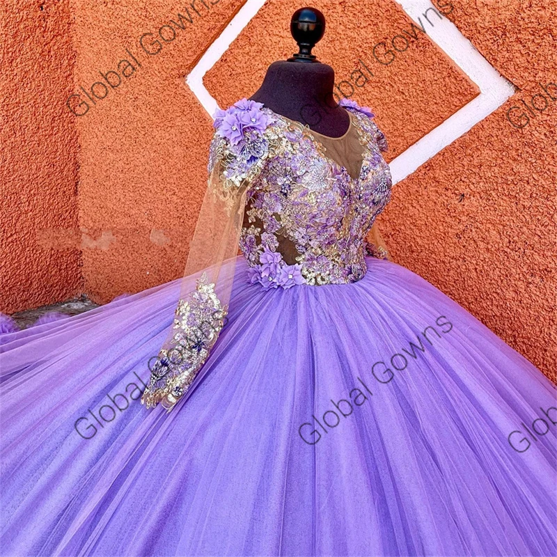 Purple Sweetheart Quinceanera Dresses Ball Gown Beaded 3D Flowers Sweet 15 Vestidos De XV Años Appliques Ruffles Birthday