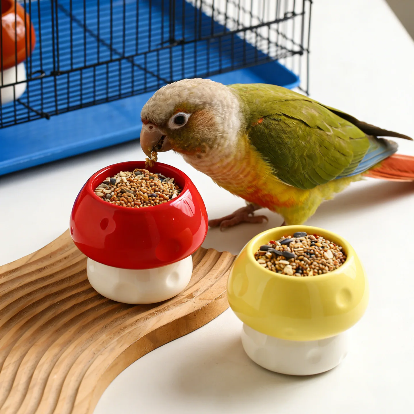 Papageien-Keramik-Futternapf, Pilzförmiger Anti-Kipp-Vogelfutter- und Wassernapf, Vogelzubehör für Pfingstrosenpapageien, Nymphensittiche, Wellensittiche