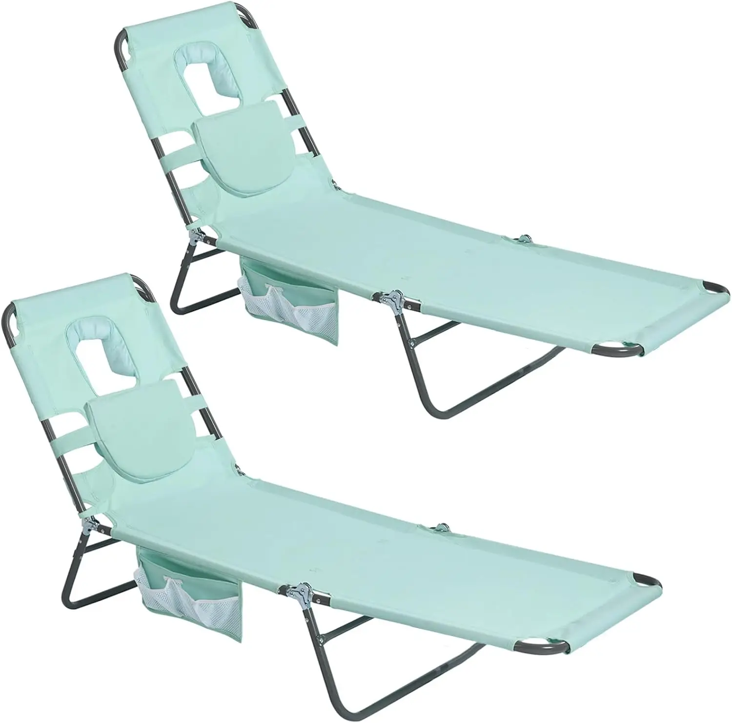 Lay Flat Tanning Chair 2 Pack With Face Down Hole And Arm Slots Beach Lounge Chair 5 Position Folding Sunbathing Chair Heavy Duty Sun Lounger Lawn Recliner Set For Outdoor Pool Camping Turquoise Blue