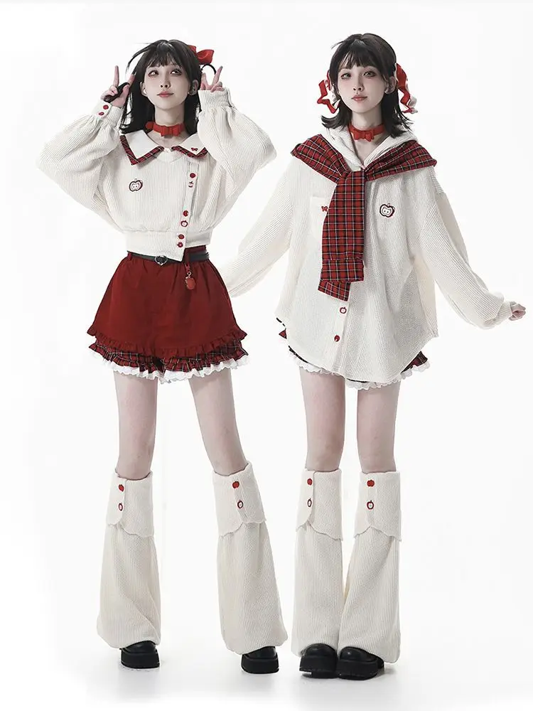 

Japan Sweet Cute Apple-Style Pattern Stitching Navy Collar Long-Sleeved Top Autumn Winter High-Waisted Short Skirt Pants Suit