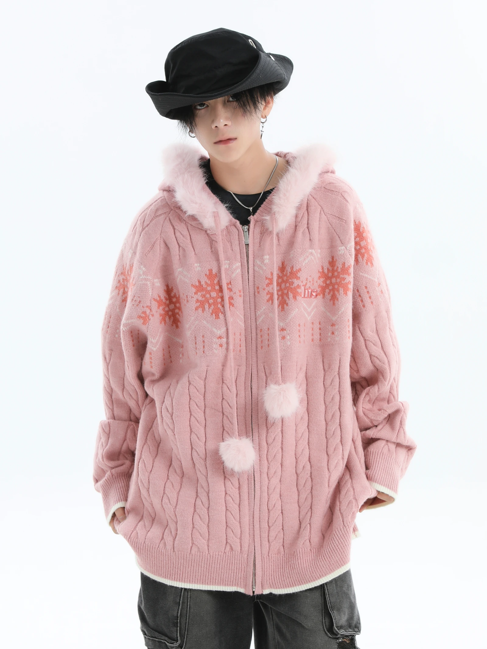 2025 Spring and Autumn New American Style Men's Loose Casual Beige Pink Blue Khaki Fur Collar Hooded Knitted Cardigan