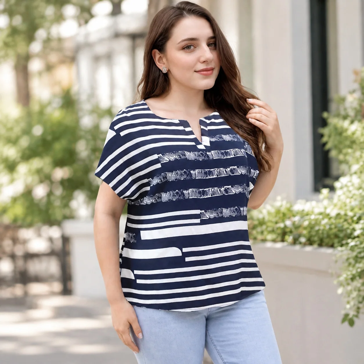 Style Printed Top with V Neck Batwing Silhouette Elegant Professional Summer Short Sleeves Patchwork Design Women T Shirts