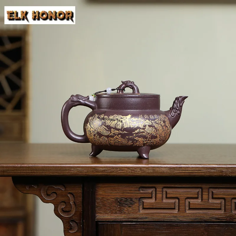 600ml Antique Yixing Purple Clay Teapots Handmade Tripodia Pot Raw Ore Azure Mud Kettle Chinese Zisha Tea Set Teaware Decoration
