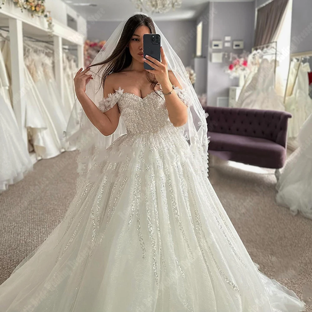 Mulheres fora do ombro vestidos de casamento chiffon, vestidos de noiva linha A, princesa esfregando comprimento, gola querida, 2024