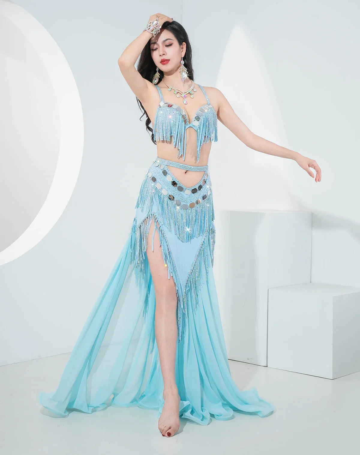 Strass-BH-Rock-Set, professionelle Wettbewerbs-Popsong-Outfits mit Fransen, elegantes ägyptisches Bauchtanzkostüm für Damen