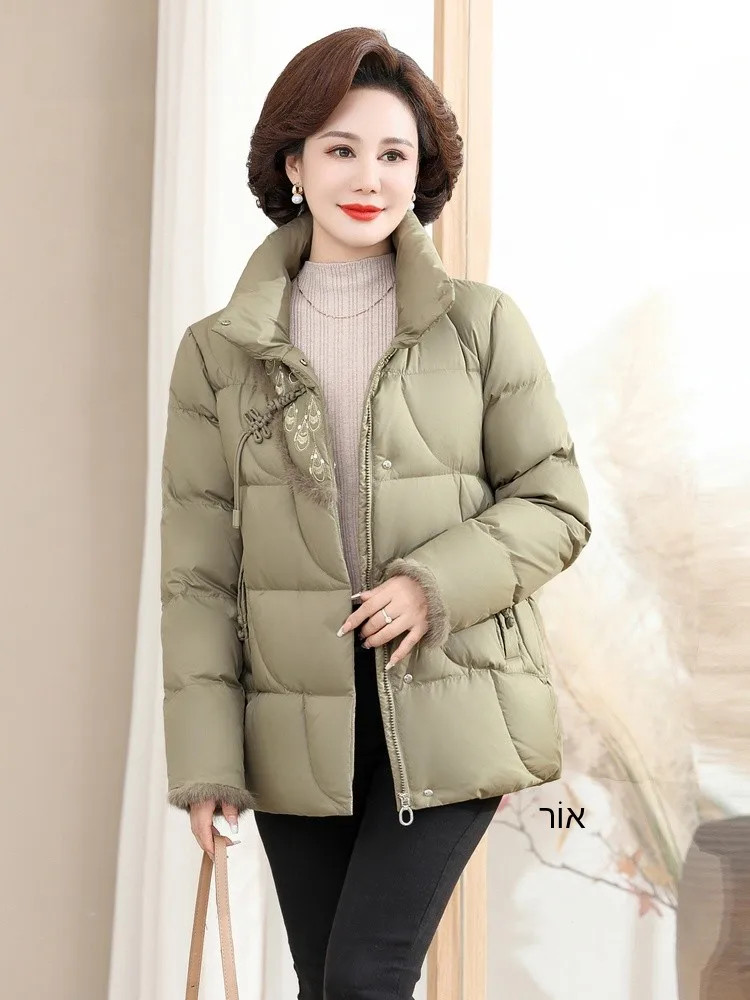 

Snow Flng Spring 2026 Women's ort Stand Collar down Jaet Pure Color Design Faionable Warm Mom Sle Commute Ethnic Wind