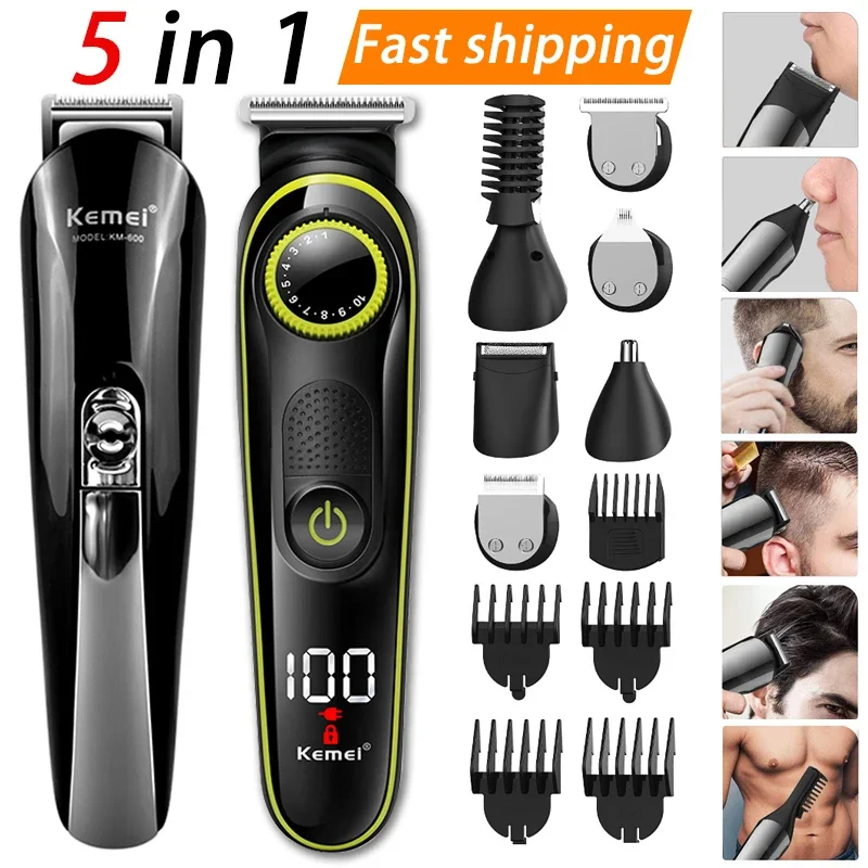 

Kemei Hair Trimmer Household Electric Hair Clippers Multifunctional Rechargeable Shaver LED Display 5 in 1 Cutter Heads cordless