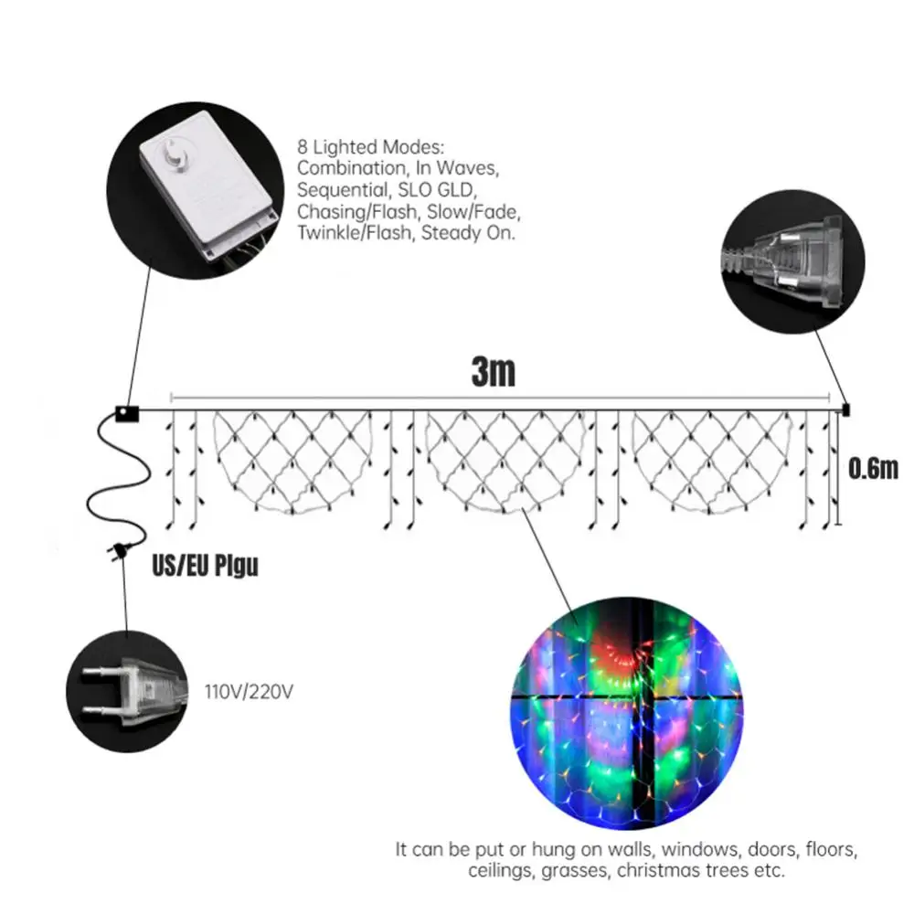 Imagem -06 - Outdoor Led Mesh Fairy Light Pavão Net String Light Impermeável Guirlanda de Natal Decoração de Beirais de Jardim 3m