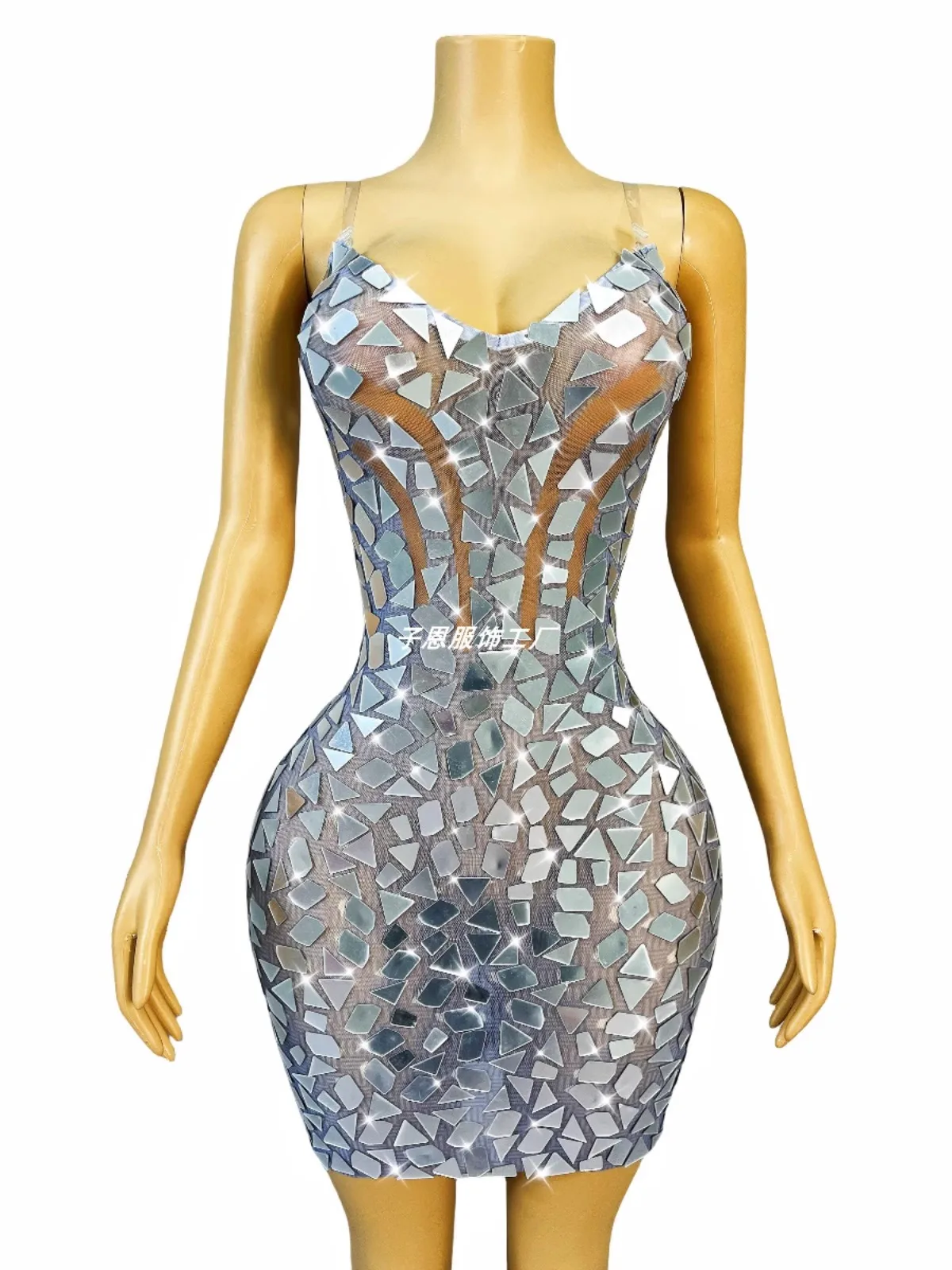 Temperament sparkling silver grey lens slim-fit mesh slip dress cocktail party fashion show dress performance dress