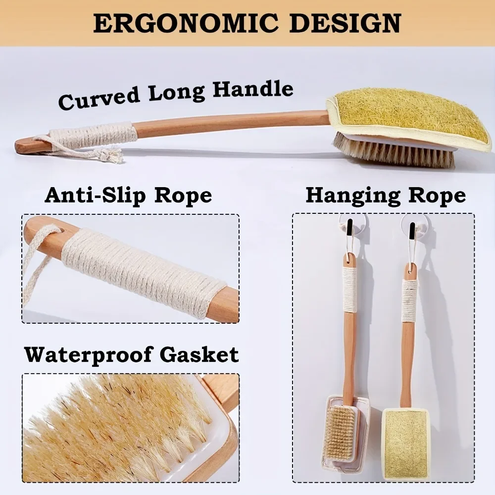Double‑Sided Bath Brush Long Wooden Handle Back Scrubber Natural Bristle & Loofah Shower Exfoliating Body Brush Bathroom Tool