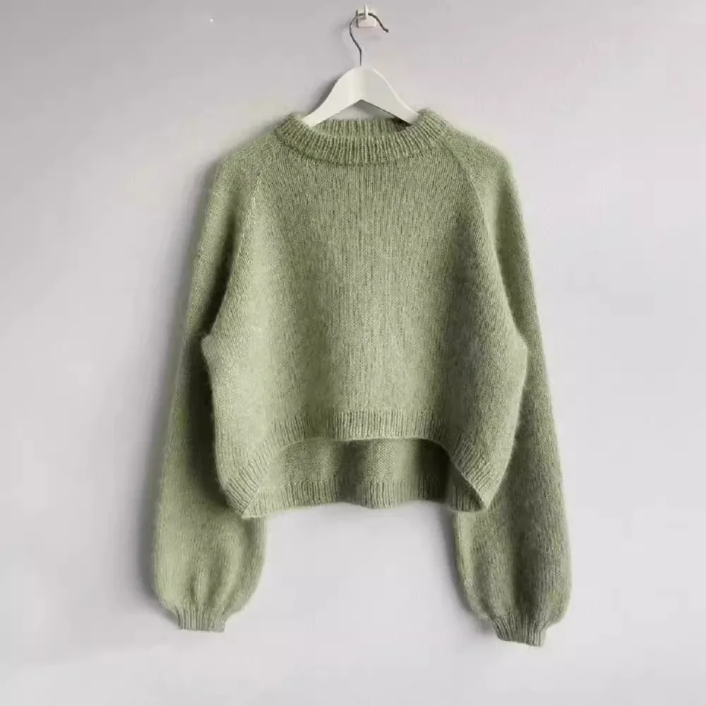 

Retro Avocado Green Knit Sweater Short Loose Fit Sweater for Women