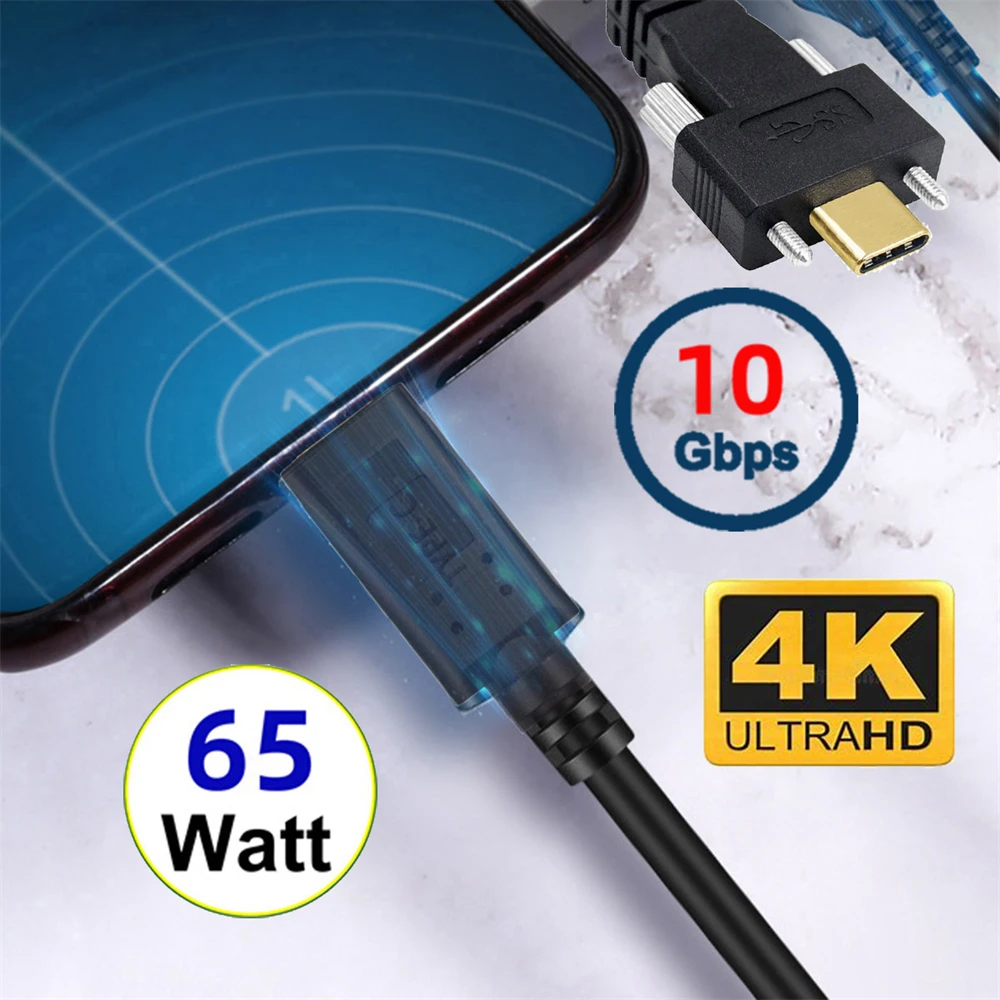 USB3.1 Type-C Male to Dual Thumbscrew Locking USB-C Vertical 90 Degree Angled 10Gbps Data Cable Panel Mount Type