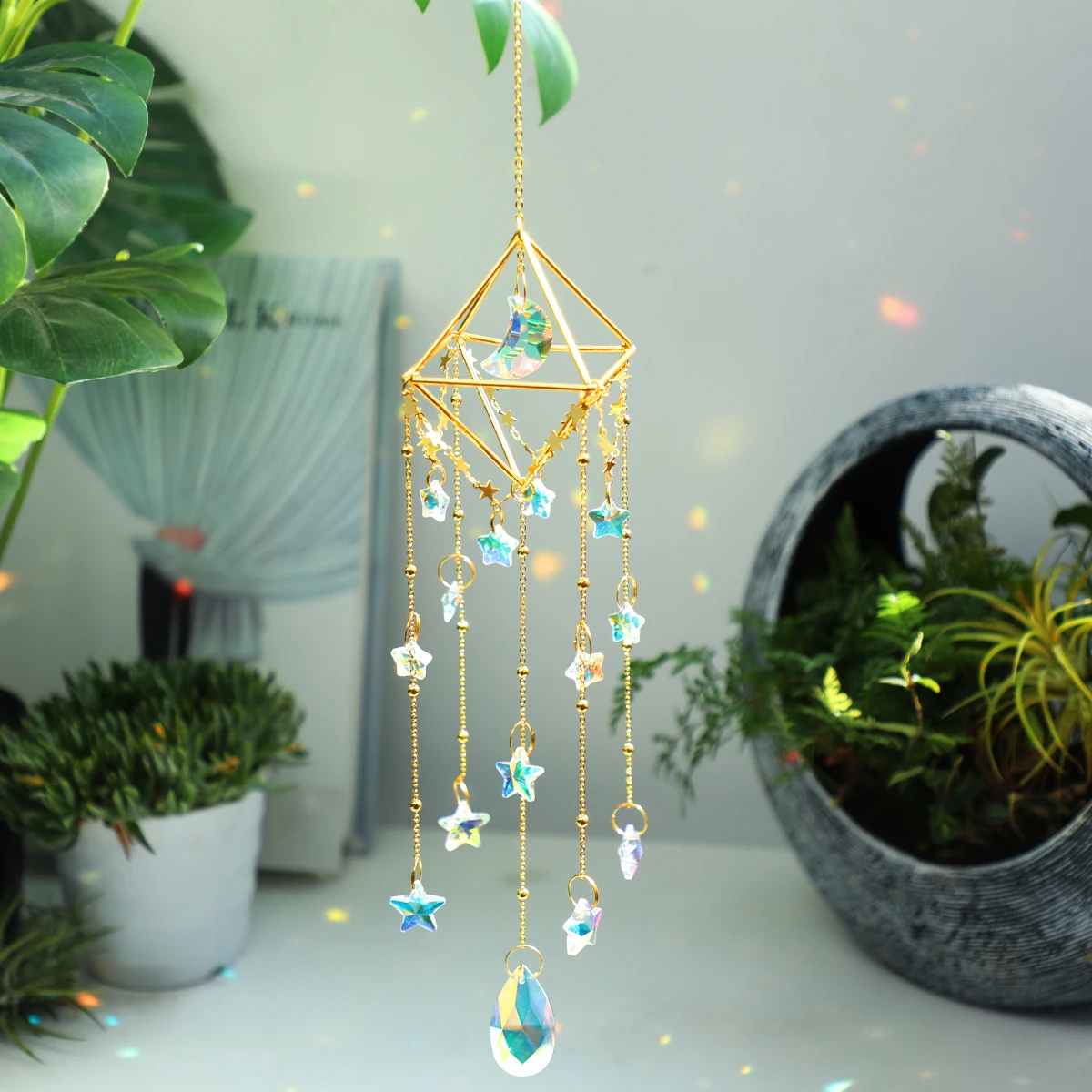 

Crystals Hanging Ornament Colorful Faceted Feng Shui Wind Chime Star Moon Rainbow Window Crystal Light Sun Catcher