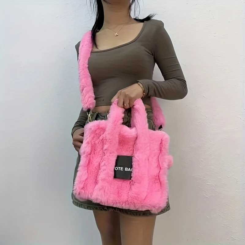 fashion soft plush small tote bag letters faux fur women handbags fluffy shoulder crossbody bags