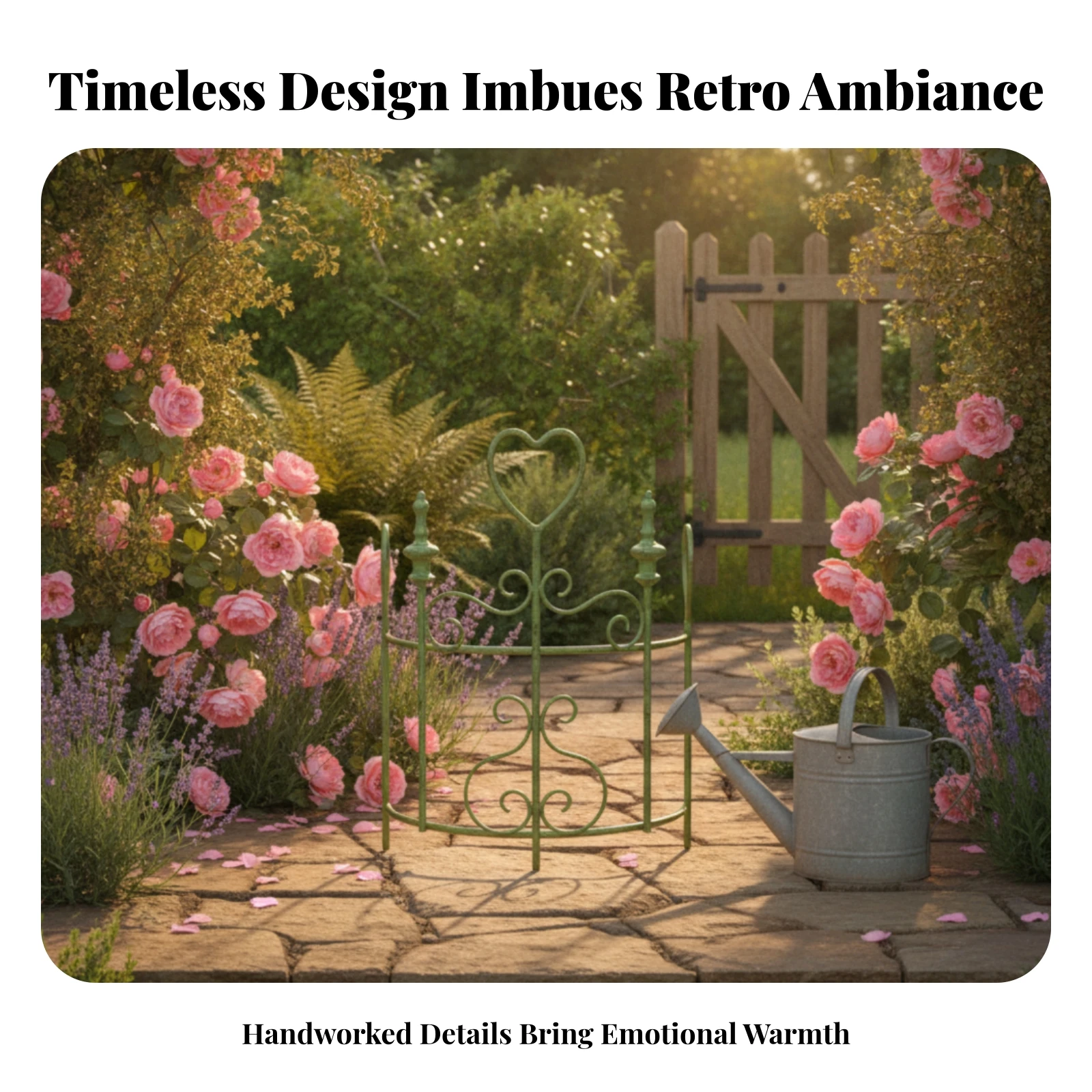 Vertical Rods Outdoor Decor Heart-Top Iron Fence Rounded Side Loops Distressed Finish Half-Round Garden Fence