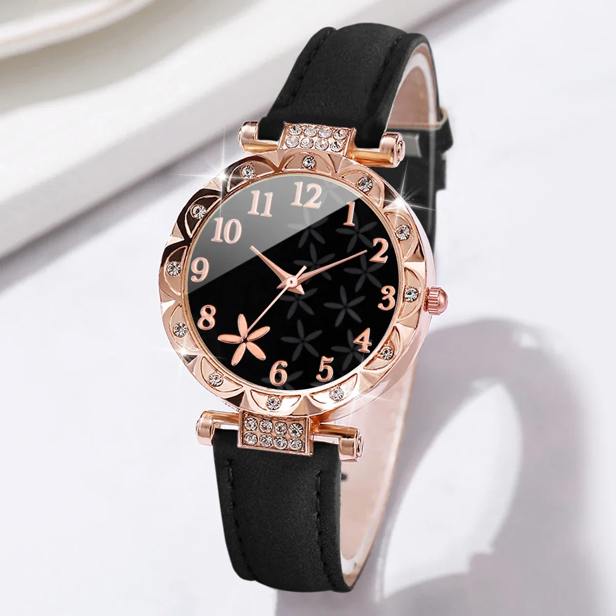 6PCS/Set Fashion Rhinestone Women Watches Heart Leaf Bracelets Set Female Flower Dial Leather Band Quartz Watch(Without Box)