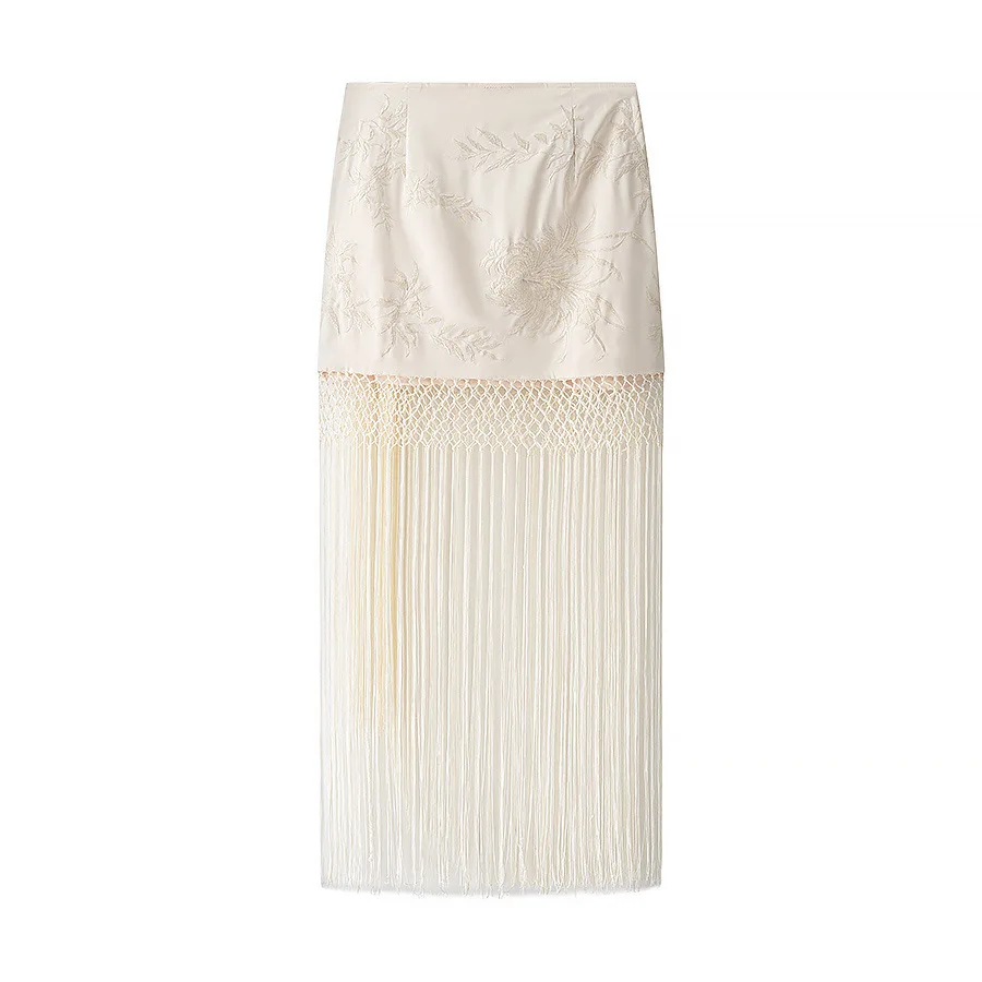 เอวสูง Ruffle Midi กระโปรง High Street กระโปรงผู้หญิงกระโปรงปัก Fringing กระโปรงฤดูร้อนลูกไม้ยาว Midi กระโปรง