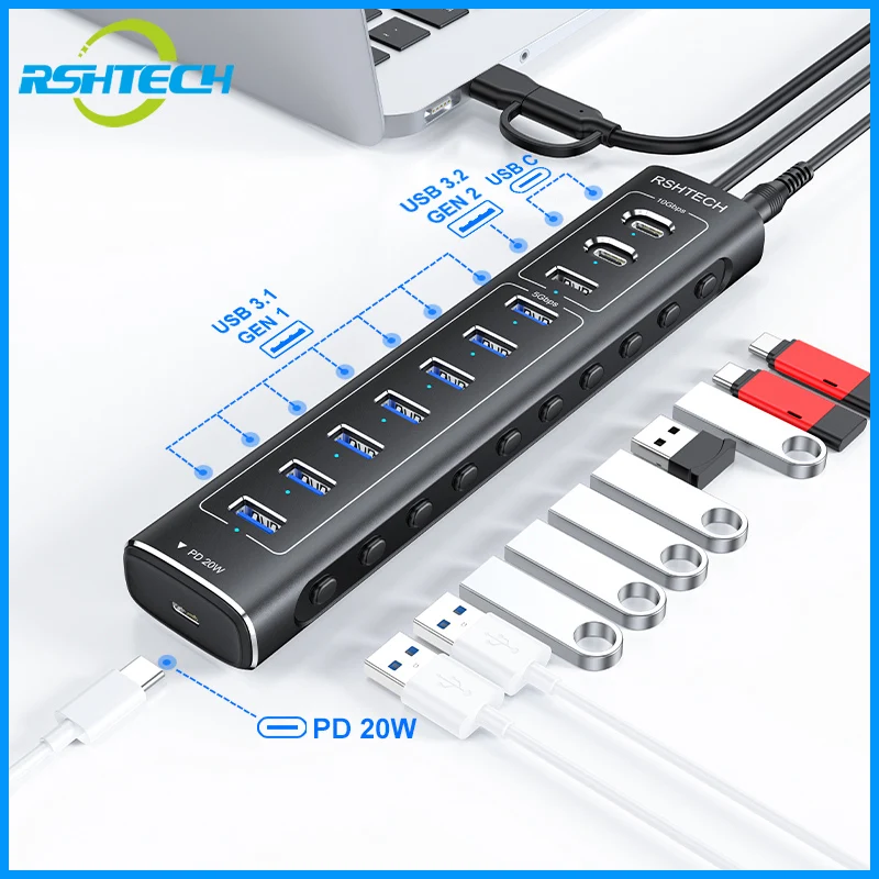 

RSHTECH 60W USB 3.1 Hub 10Gbps for Laptop Macbook with 7 USB3.0 Port and 20W PD Aluminum USB Splitter Data Transfer Dock Station